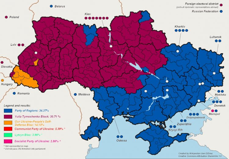 Classic election result map showing the historical and cultural division of Ukraine
